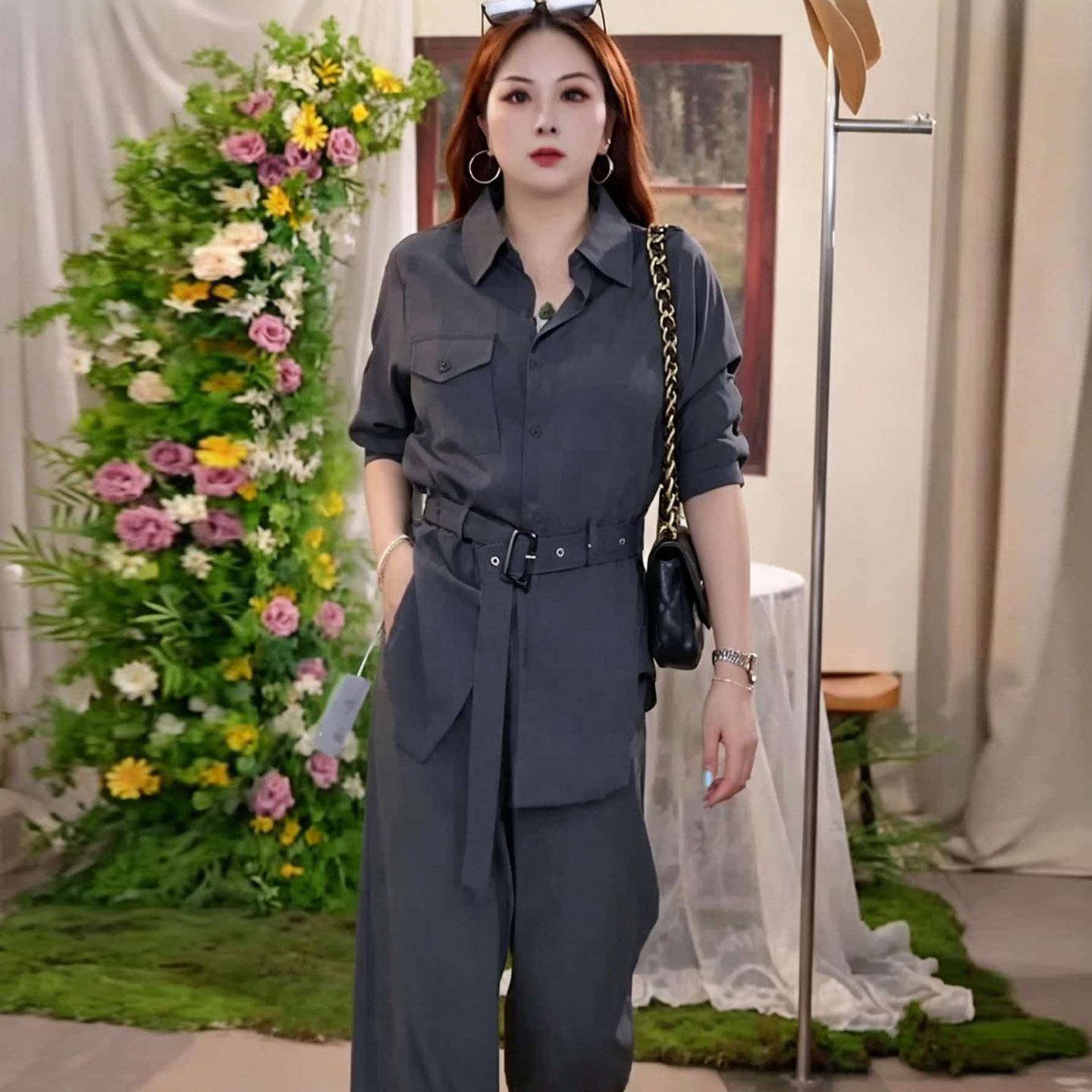 好货大码通勤风翻领条纹长袖衬衫女秋季胖mm收腰绑带气质时尚百搭