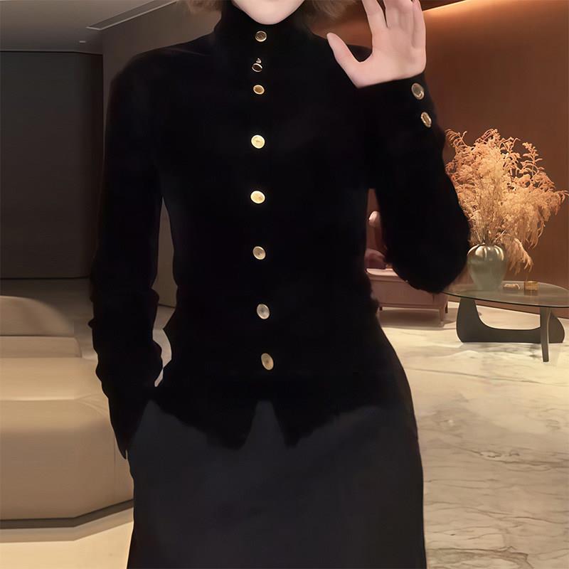 好货通勤风黑色立领衬衫女春秋季新款长袖金属扣设计感显瘦小众上