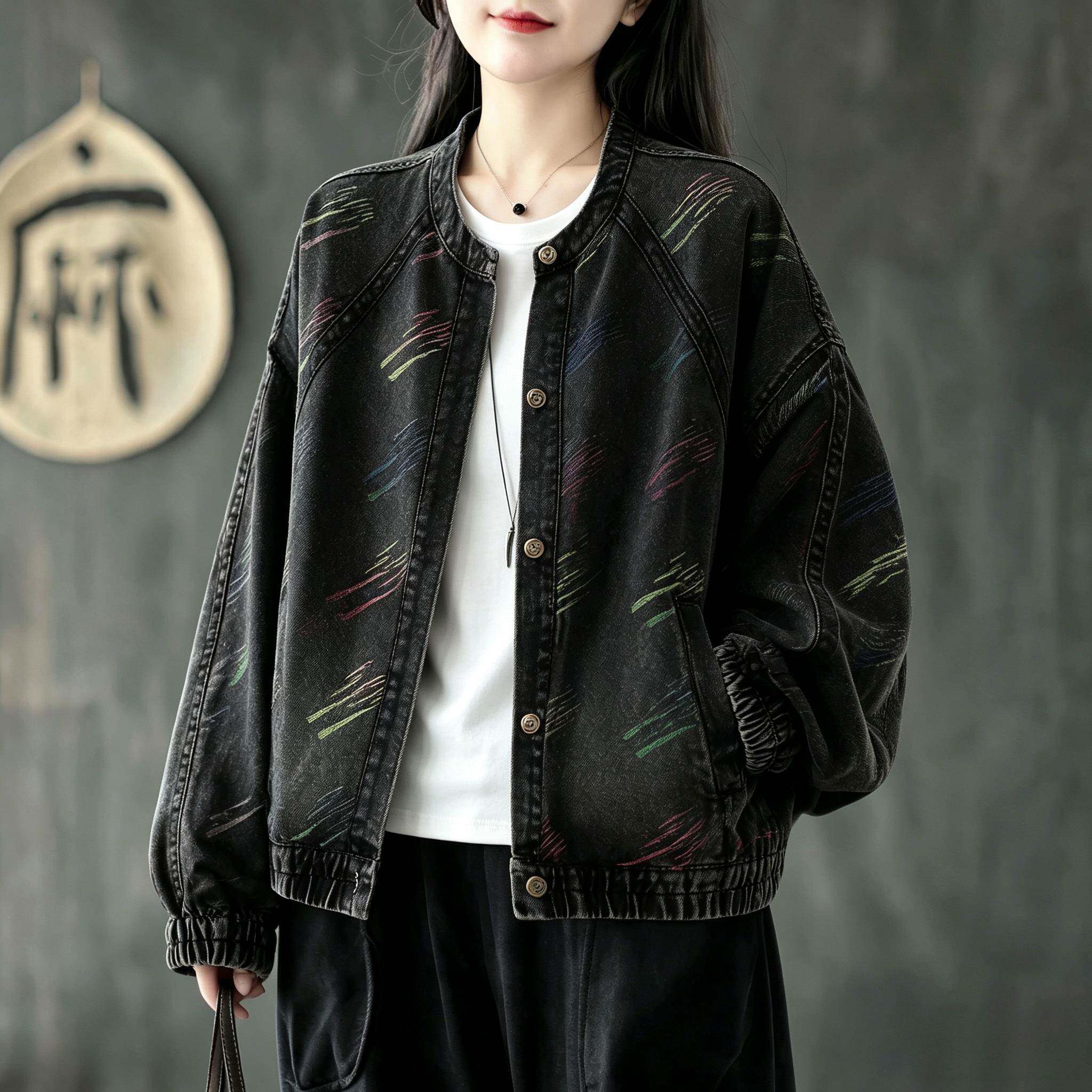 好货洋气时髦涂鸦印花牛仔夹克女慵懒风春秋大码宽松显瘦长袖百搭