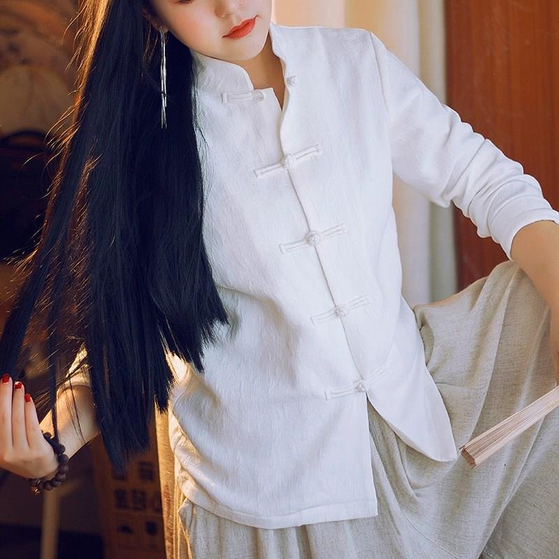 好货中式棉麻衬衫女春秋新款茶服民国风复古盘扣长袖上衣女立领中