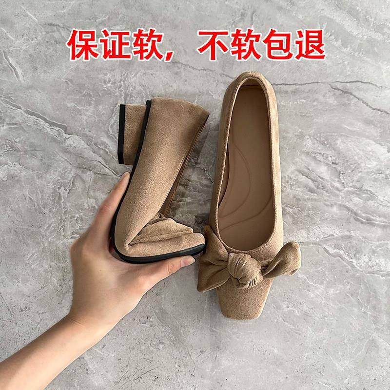 好货黑色金丝绒尖头浅口猫跟高跟鞋女后跟可踩小单鞋2026早秋新款