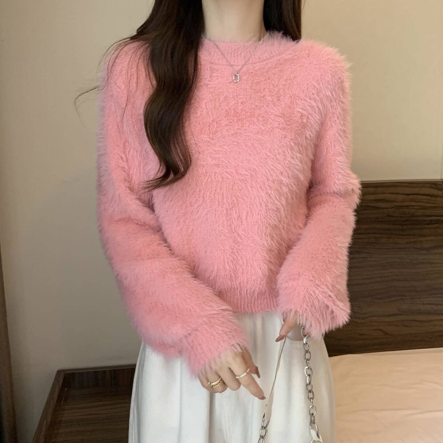 好货温柔风软糯水貂绒小个子短款毛衣女秋冬新款宽松高级感打底衫