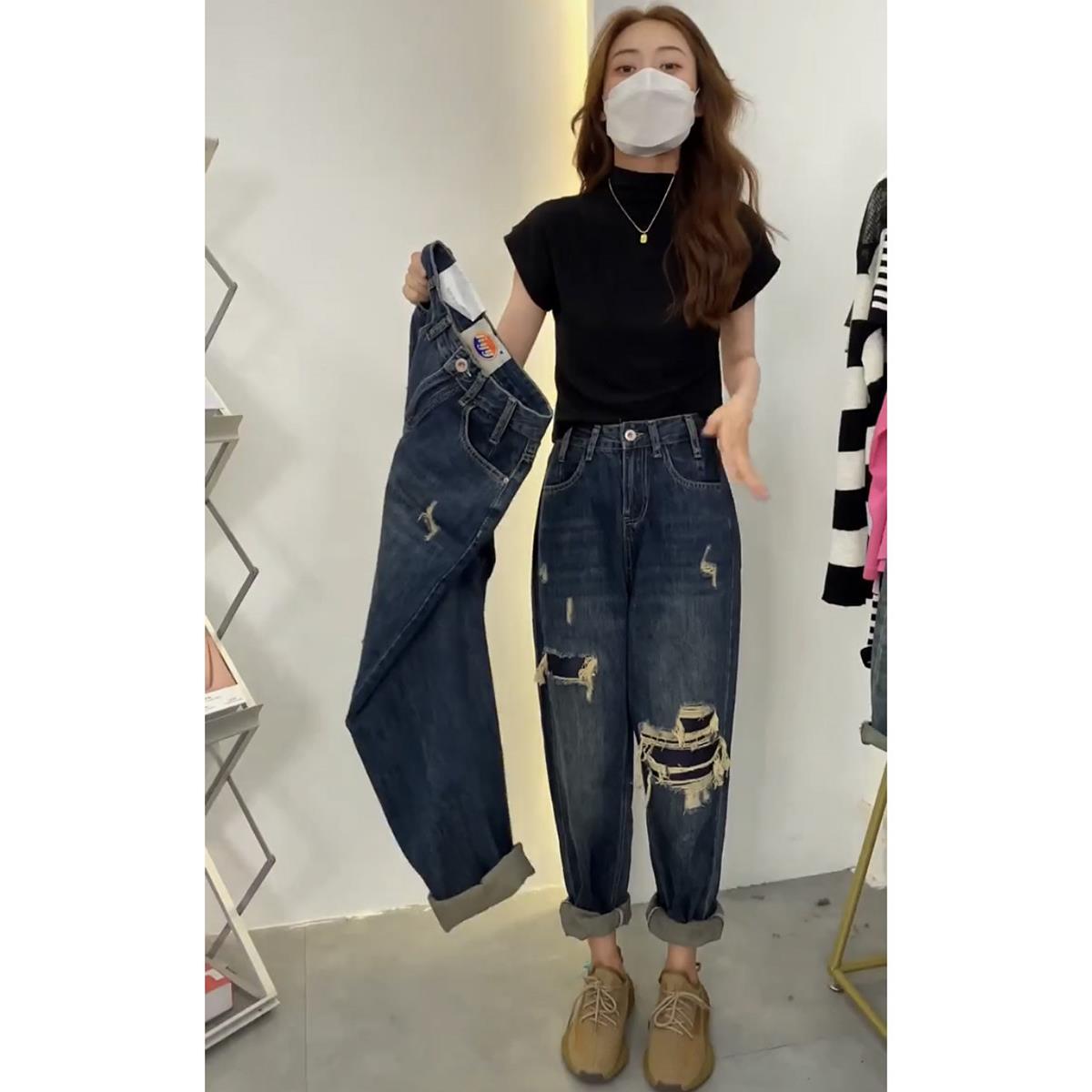 好货破洞牛仔裤女春秋2026欧货大码女装宽松穿搭小个子哈伦乞丐老