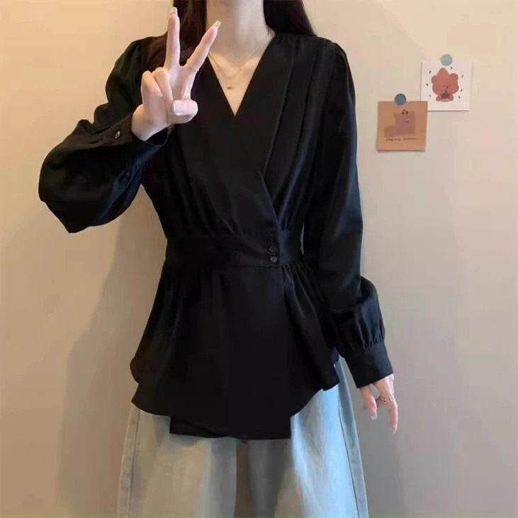 好货大码韩版时尚爆款ins风V领显瘦长袖衬衫2026年收腰显瘦设计感