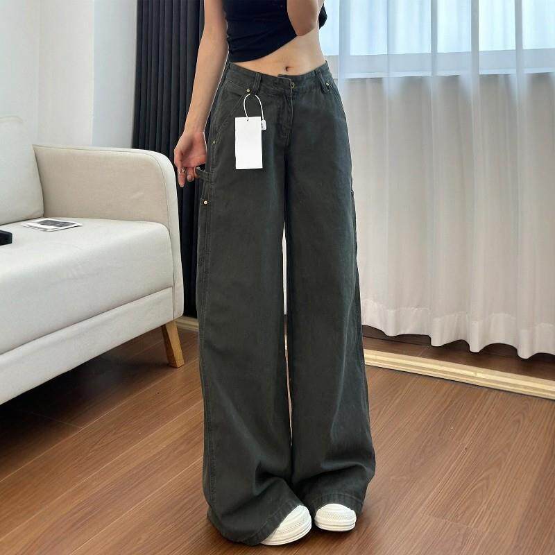 推荐大码复古军绿色工装裤牛仔裤女秋季胖mm宽松休闲宽松直筒阔腿
