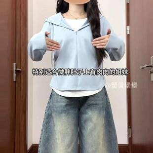 秋季大码韩系慵懒风假两件卫衣女，蓝色显瘦设计感胖mm休闲首选