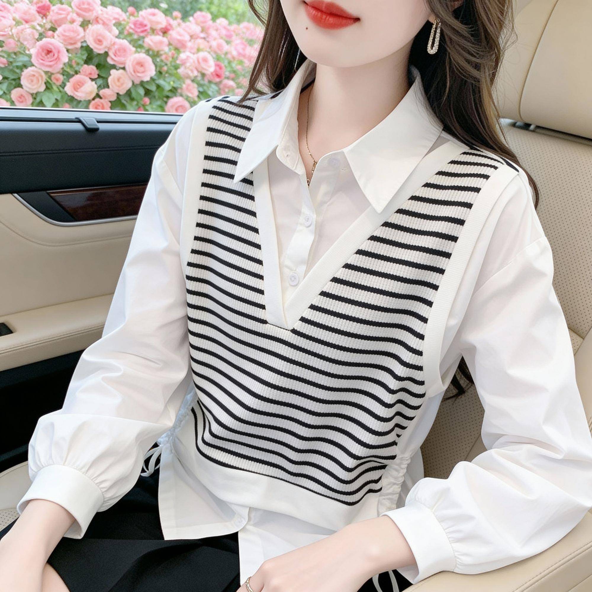 好货秋季2026新款休闲假两件条纹拼接衬衫女宽松外穿气质显瘦长袖