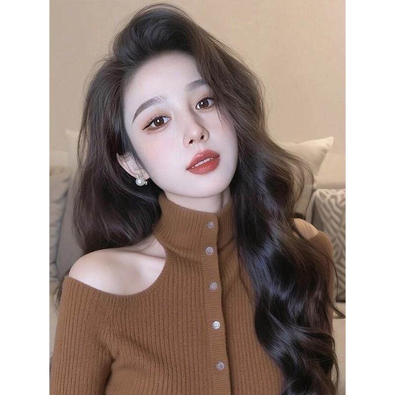好货秋冬甜辣妹镂空露肩咖色针织衫女毛衣设计感小众显瘦绝美长袖