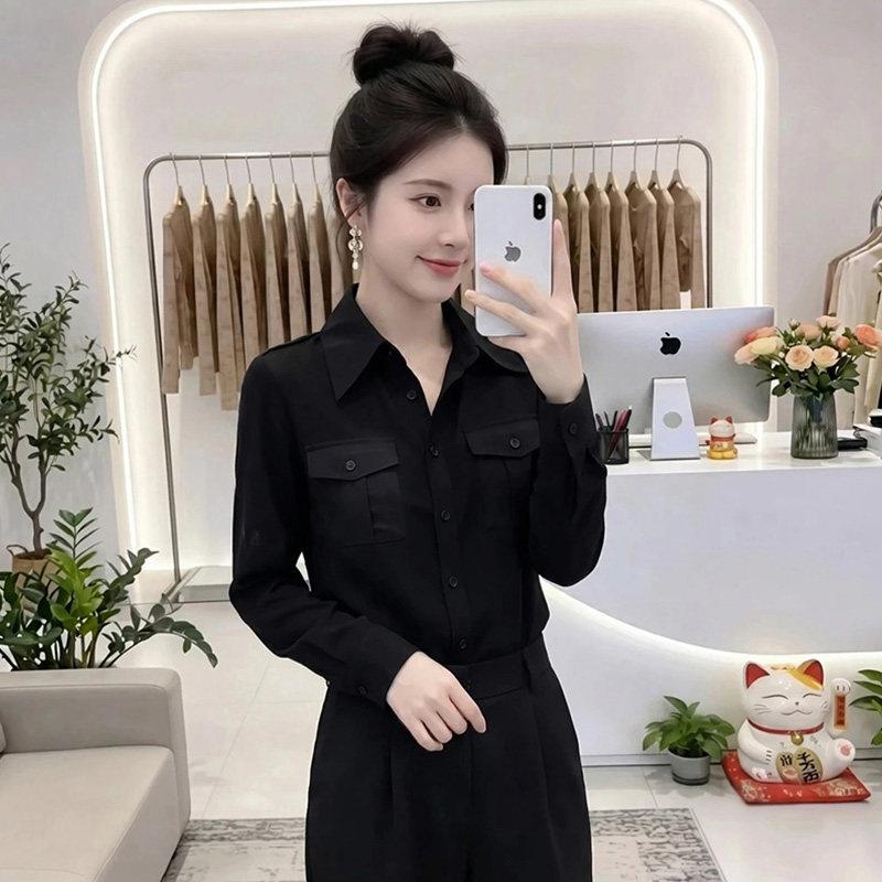 好货黑色翻领长袖衬衫女2026早秋新款薄款防晒衫修身显瘦气质百搭