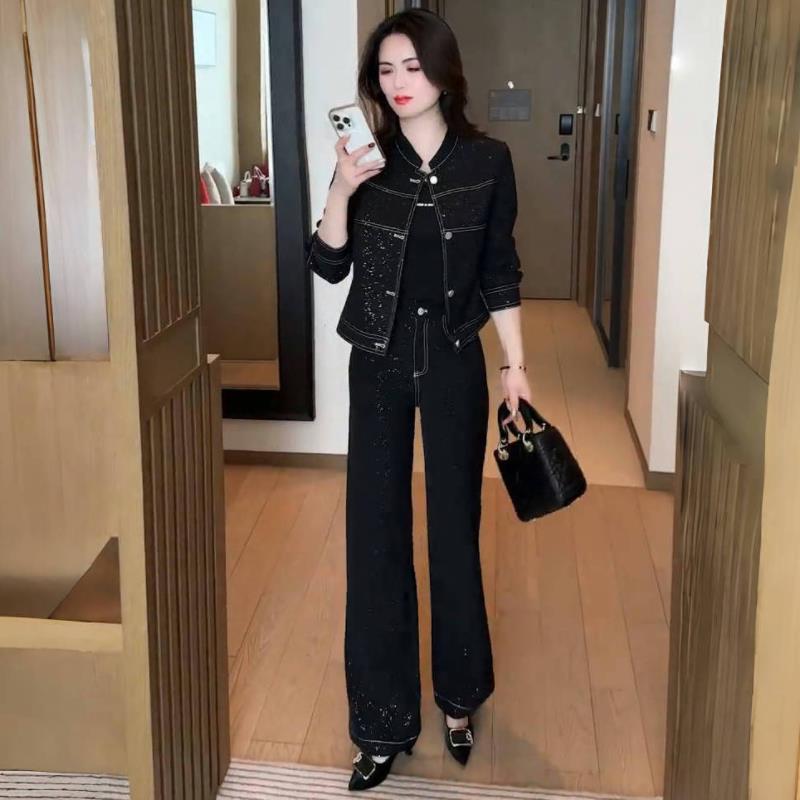 好货时尚牛仔套装女士春秋新款洋气减龄短款外套高腰阔腿裤休闲两