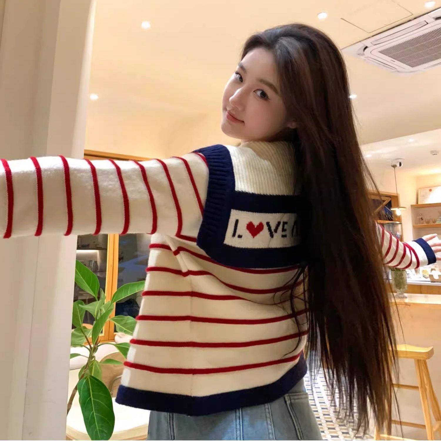 好货2026新款小香风毛衣海军领外套粉色条纹针织开衫女秋设计感学