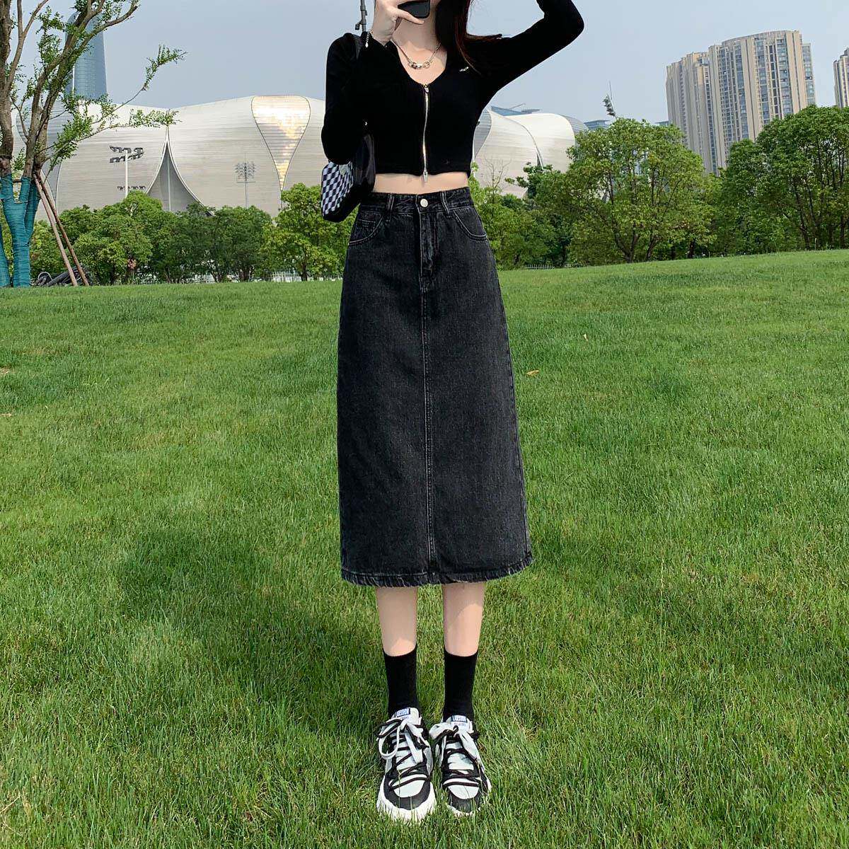 好货黑色中长款牛仔半身裙女2026年春秋新款小个子高腰显瘦a字包
