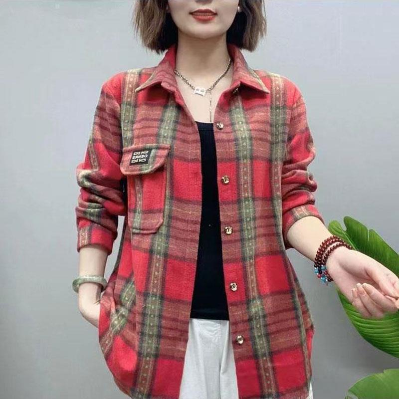 好货时髦格子衬衫女士2026秋季新款百搭宽松休闲长袖毛呢外套妈妈
