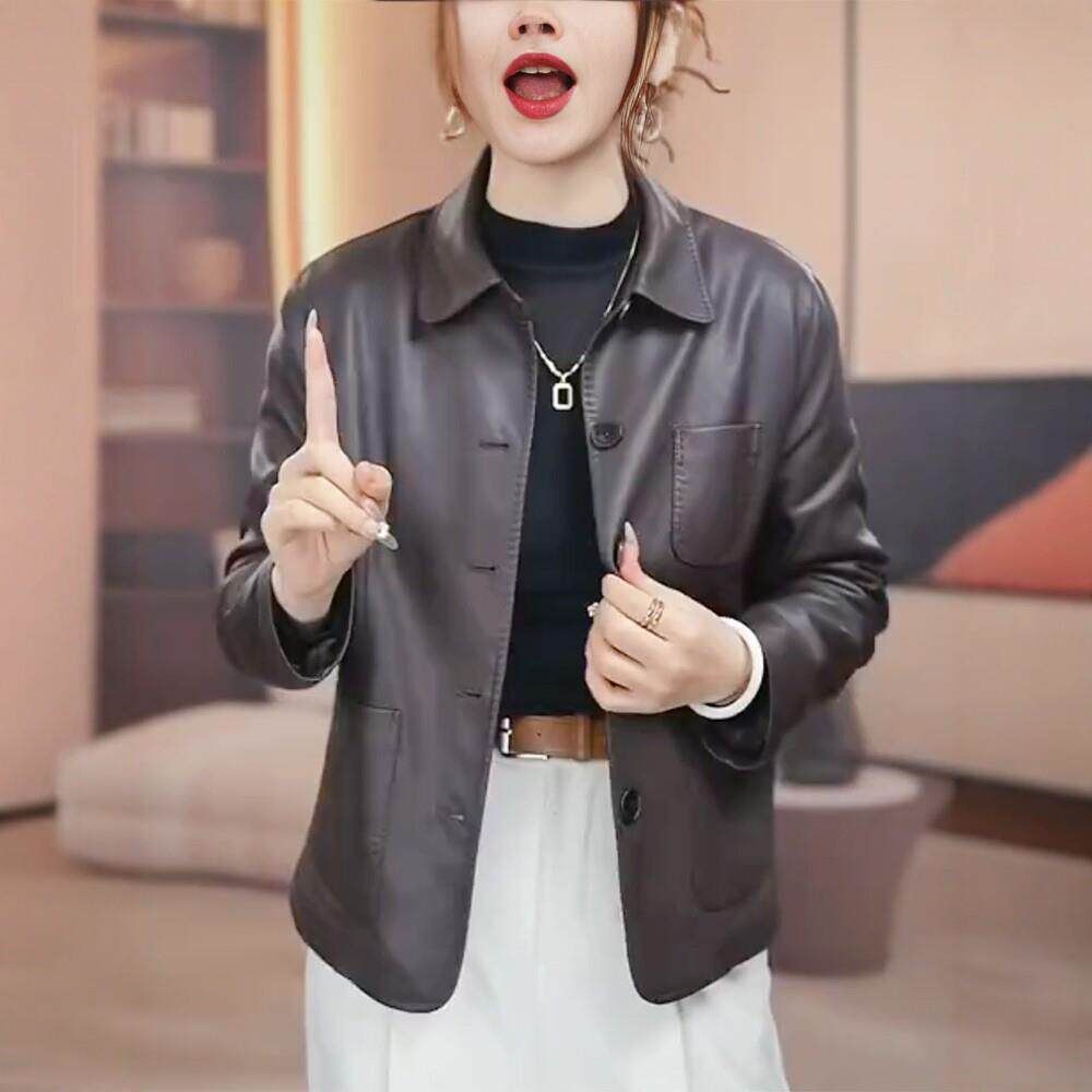 好货短款皮衣外套春季中老年百搭Q时尚减龄2026年妈妈装翻领上衣