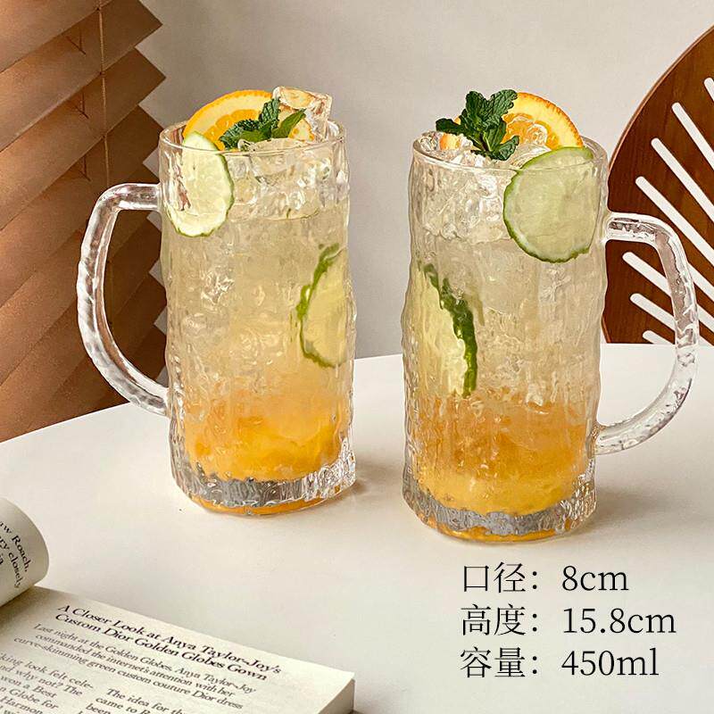 ins树纹玻璃果茶杯大容量带把果汁啤酒冷饮料杯家用夏天喝水杯子