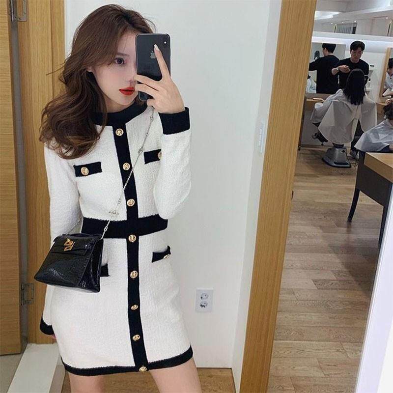 好货减龄针织连衣裙女士2026秋冬新款气质显瘦配大衣内搭撞色包臀
