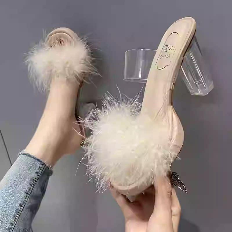 好货晨袍拖鞋女夏季羽毛婚鞋新娘结婚伴娘鞋2025新款外穿高跟毛毛