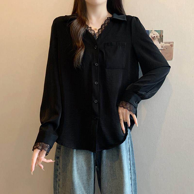 好货大码法式蕾丝拼接翻领长袖衬衫女秋冬季胖MM宽松遮肉甜美百搭