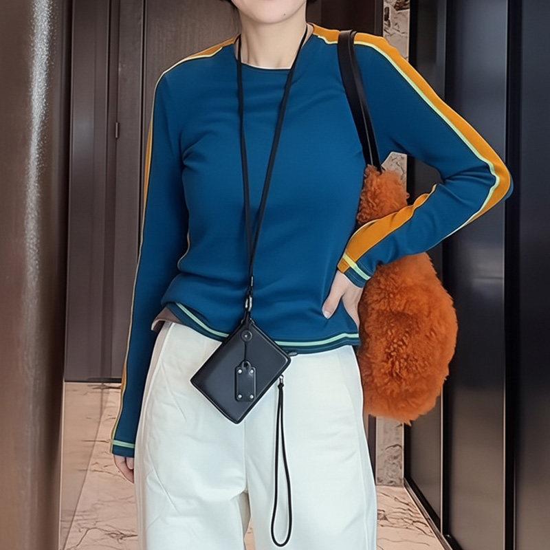 好货长袖t恤女韩版宽松圆领撞色条纹上衣秋冬季设计感打底衫运动