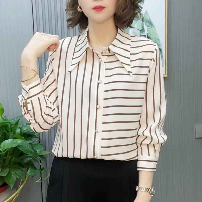 好货中年妈妈薄款条纹衬衫女春秋款宽松休闲长袖小衫洋气显瘦衬衣