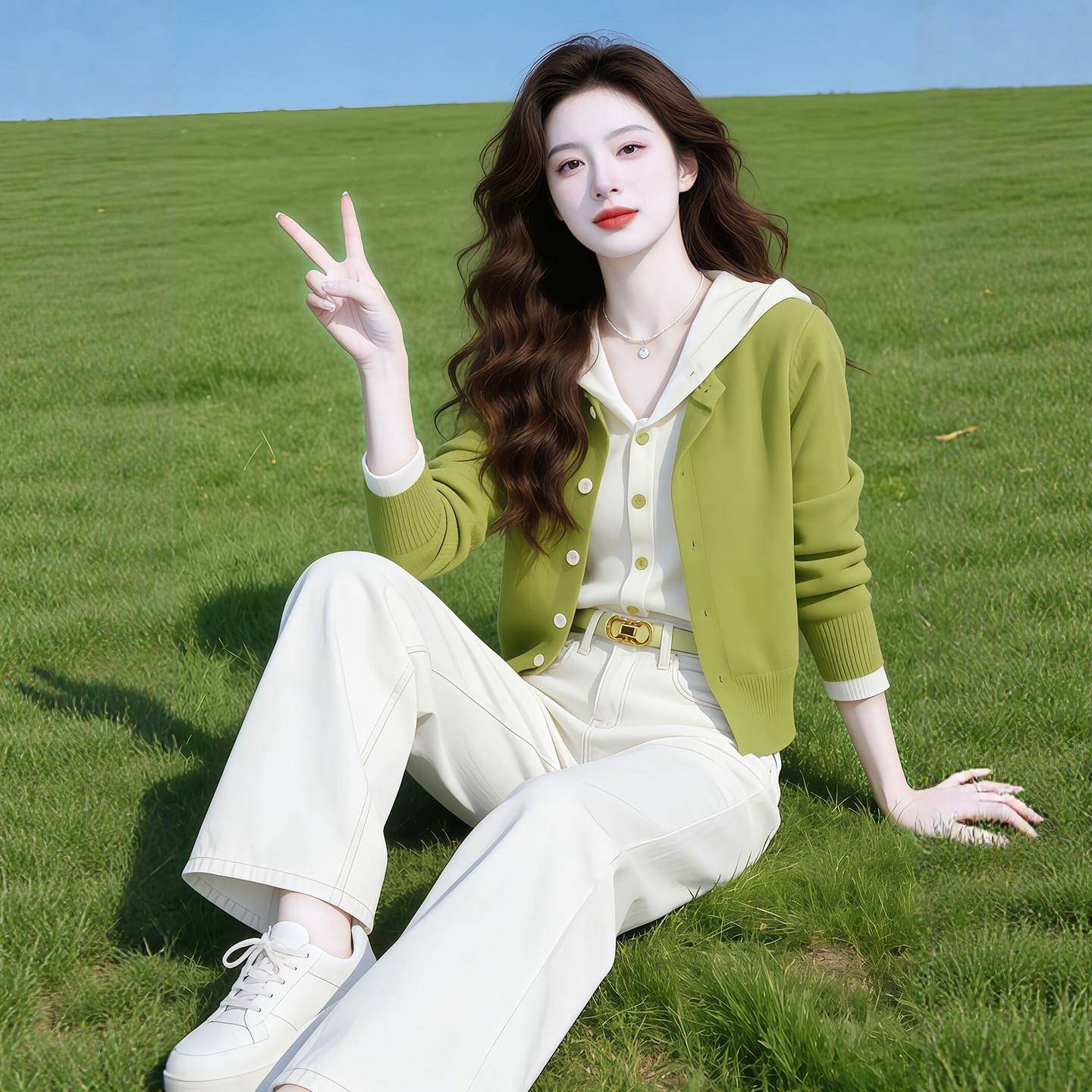 好货草绿色连帽假两件针织开衫女春秋季韩系休闲风穿搭软糯高级感