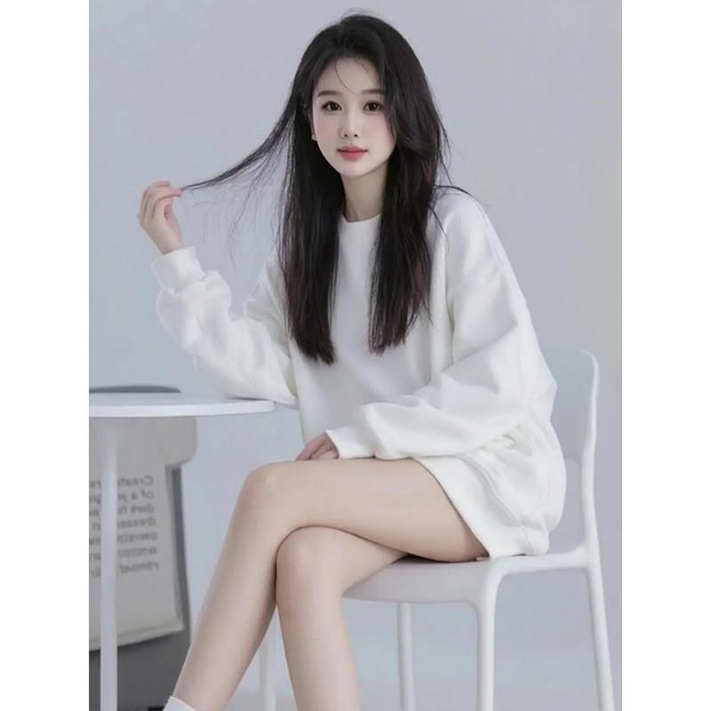 好货白色圆领重磅卫衣女2026新款韩系漂亮中长款宽松休闲气质纯色