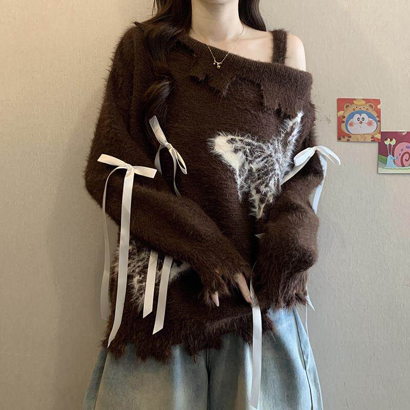 好货大码女装美式辣妹蝴蝶提花露肩长袖毛衣秋冬季胖MM宽松显瘦打