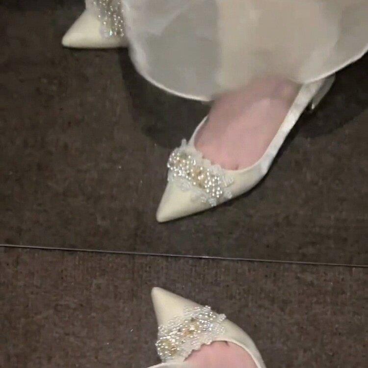 好货法式绸缎高跟鞋女主婚纱秀禾两穿新娘结婚鞋仙女风绝美伴娘鞋