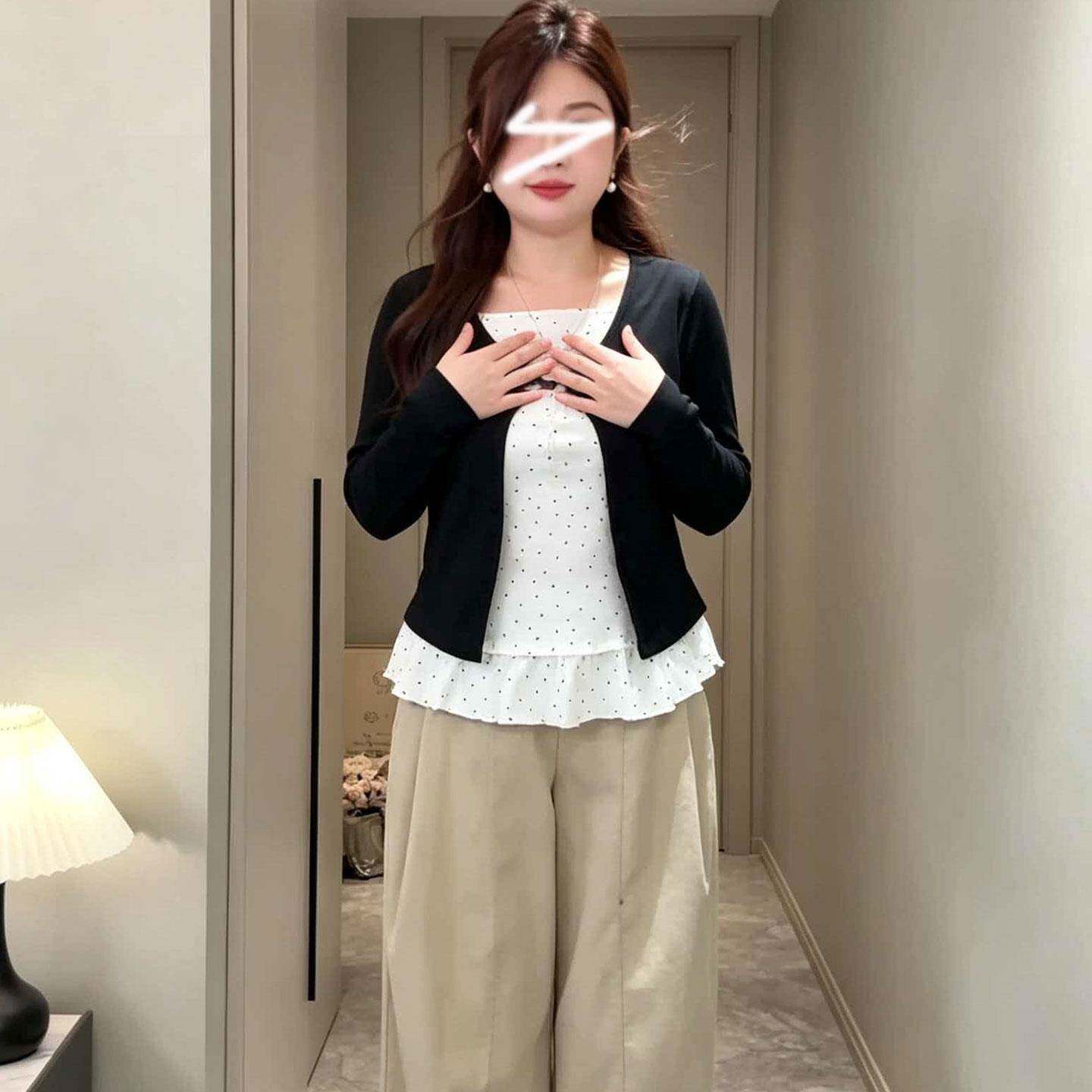好货大码韩版简约长袖T恤女秋季胖mm黑白波点拼接时尚减龄百搭上