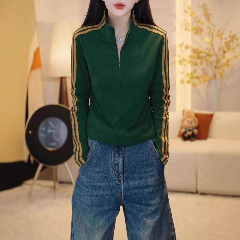 好货复古运动风黑色长袖T恤女秋季大码胖mm三条杠立领修身打底衫