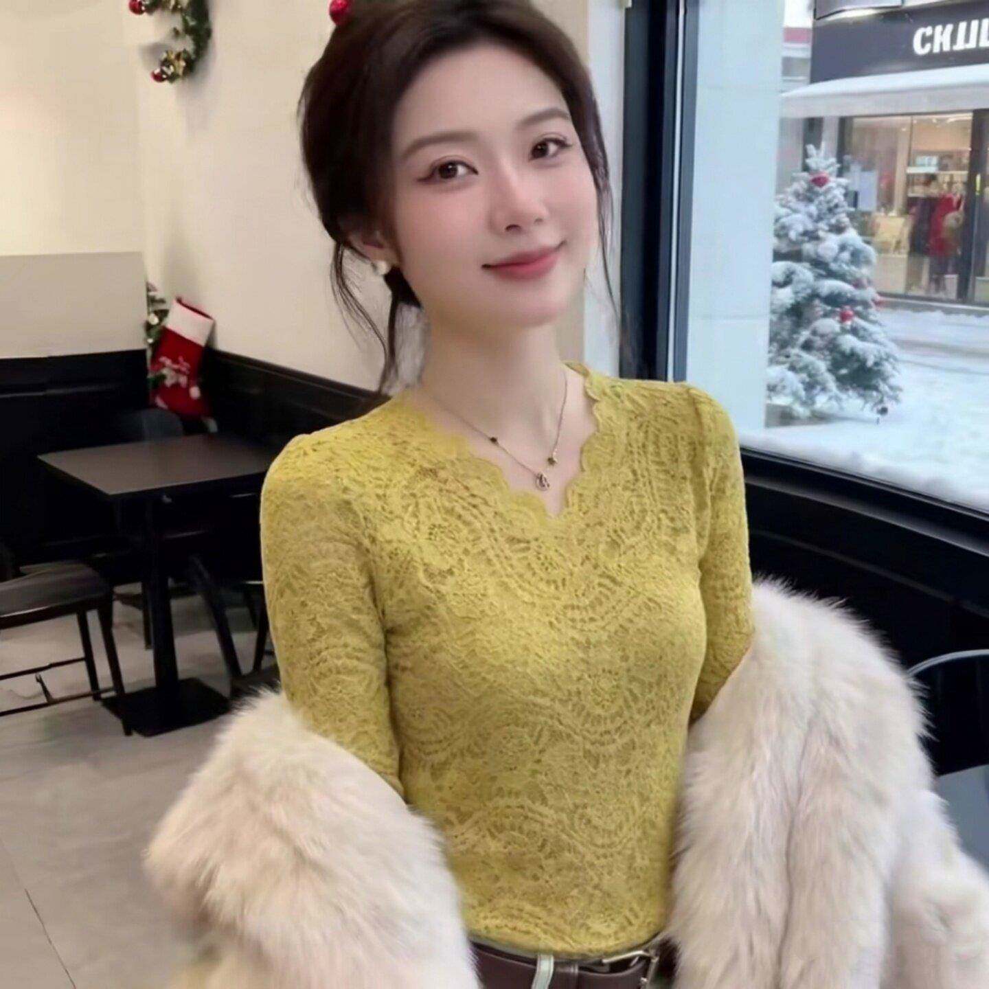 好货时尚气质V领蕾丝衫女春秋新款洋气显瘦内搭打底衫巨好看百搭