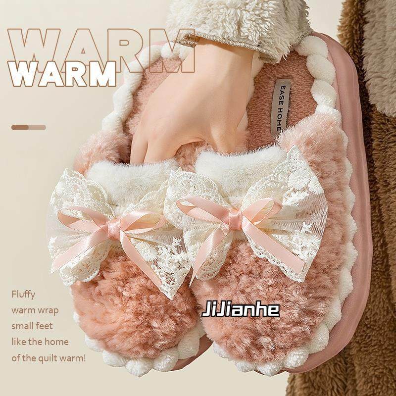 蝴蝶结棉拖鞋女士秋冬季天2025新款保暖防滑室内家居厚底毛毛拖鞋