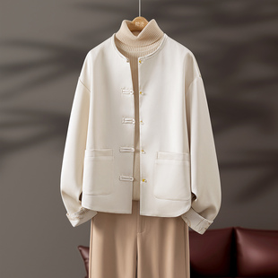 她池圆领外套2026春装新款女装新中式国风宽松款单排扣落肩袖上衣