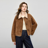 她池美拉德风短外套2025冬装 上衣 复古拼接翻领加绒宽松款 新款 女装