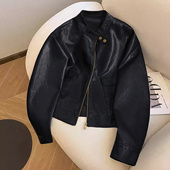 圆领PU短款 她池机车风上衣2026春装 外套 潮酷宽松款 长袖 新款 女装
