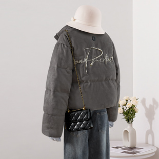 她池宽松款羽绒服2025冬季新款女装复古钉珠立领短款保暖长袖外套