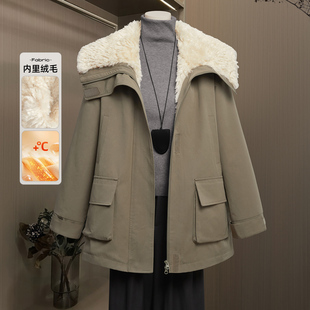 她池海军领外套2025冬装新款女装宽松款时尚加绒保暖中长款上衣
