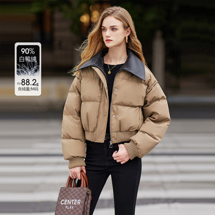 她池翻领羽绒服2025冬季新款女装复古风宽松拼接保暖休闲外套