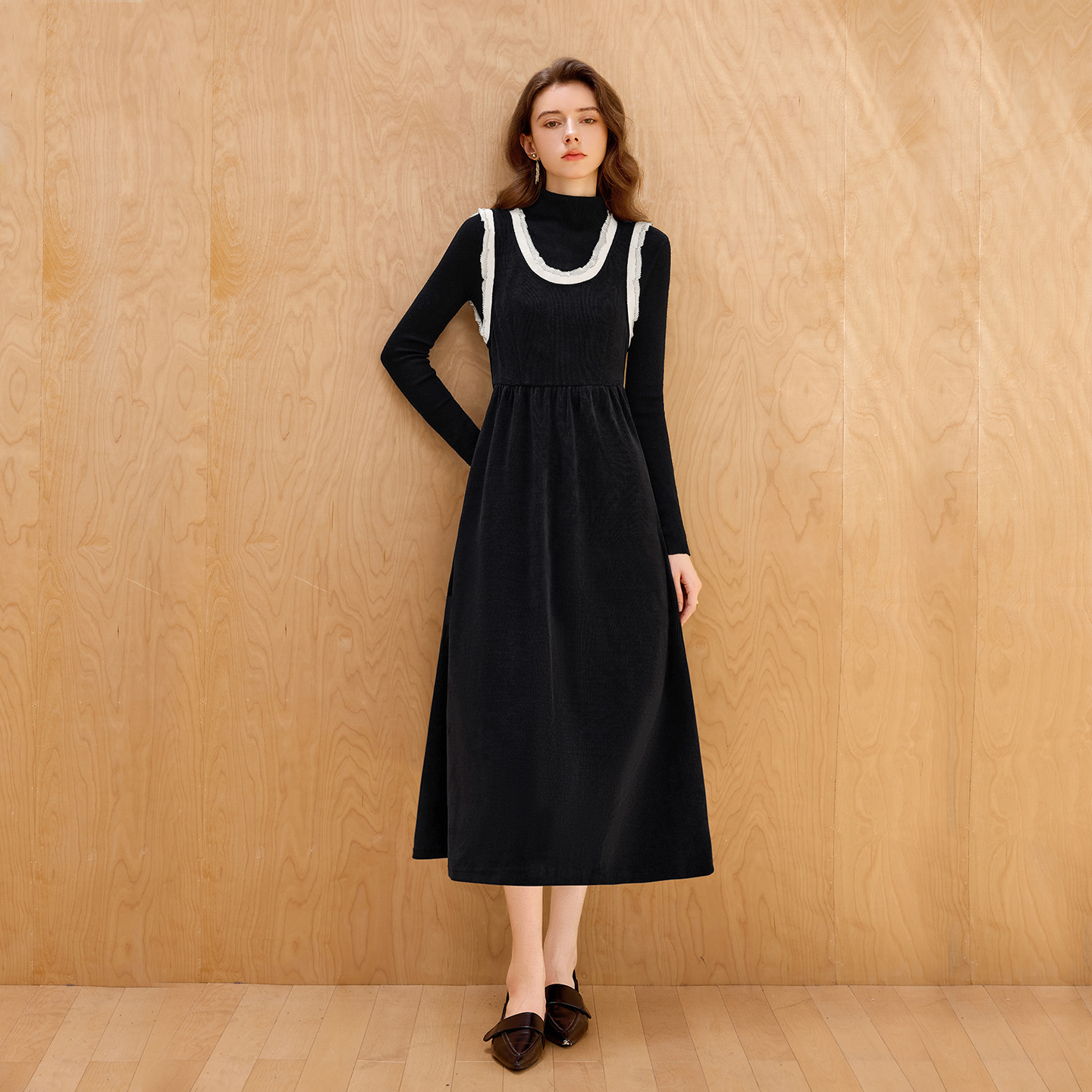 她池法式撞色木耳边A字型连衣裙