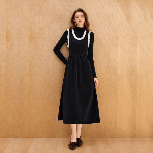 她池法式撞色木耳边A字型连衣裙