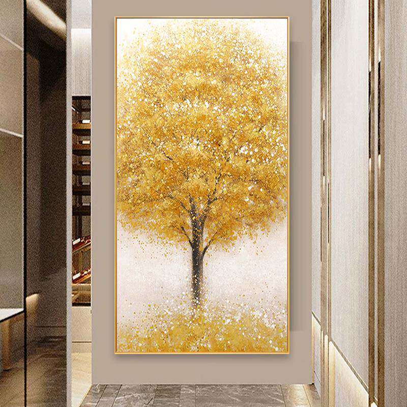 抽象手绘油画发财树玄关装饰画现代简约轻奢走廊过道立体金箔挂画