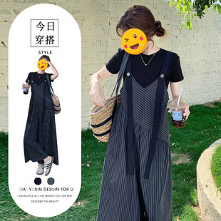 上衣 2025夏季 穿搭微胖mm小众设计感条纹背带裤 阔腿裤 纯色短袖
