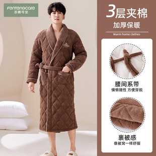 保暖休闲家居服 珊瑚绒加绒加厚浴袍冬天大码 三层夹棉睡袍男士 冬季