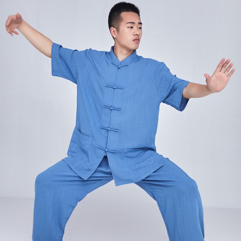 宏极太极服男亚麻棉麻女刺绣绣花春夏练功晨练服中老年武术服新品