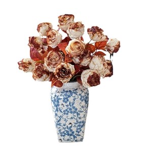 高级感泼墨风复古两头仿枯叶秋色玫瑰仿真花烤边假花花束装饰摆件