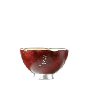 故宫红颜色釉纯手工薄胎瓷泥杯新手友好花口鎏银杯诗文主人杯文人