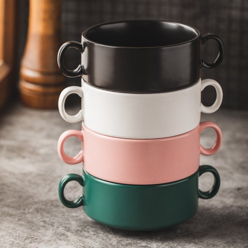 4英寸色釉北欧陶瓷餐具碗 双耳家用浓汤碗甜品碗汤盅单碗儿童小碗