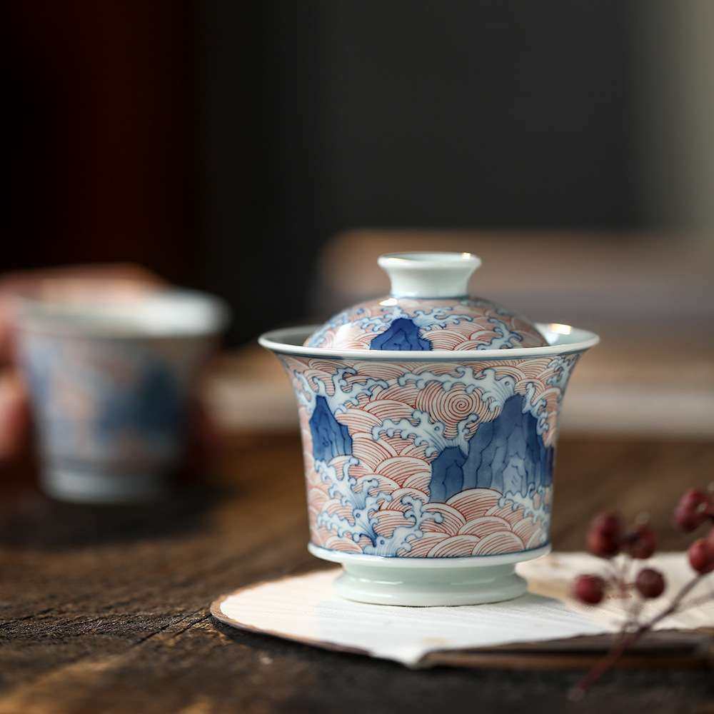 纯正柴窑青花瓷口盖碗全手工手绘泡茶碗神宗珍藏茶杯海水山石雅器