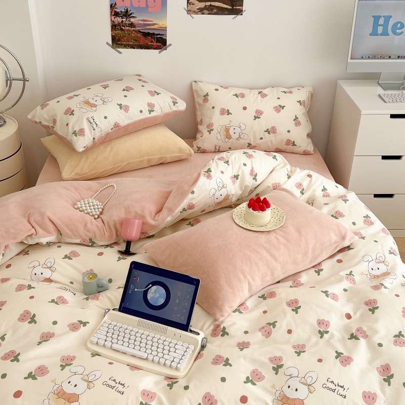 郁金香兔兔棉加绒四件套A面纯棉B面牛奶绒被套加厚秋冬学生3件套