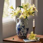 新中式 饰复古水培百合富贵竹插花 双耳陶瓷青花瓷花瓶客厅玄关装